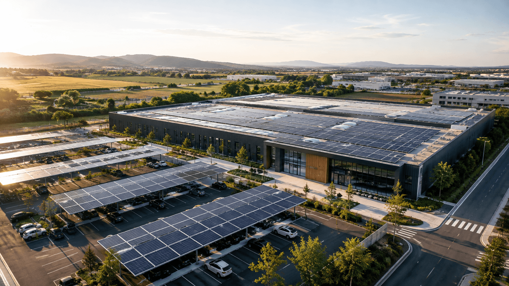 Vue aérienne d'ombrières photovoltaïques couvrant un parking, au coucher du soleil, devant un bâtiment professionnel